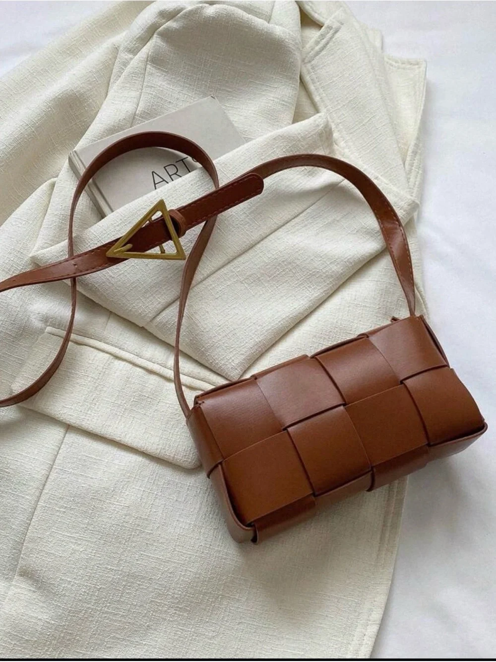Woven Crossbody Bag with Gold Triangle Buckle in Brown